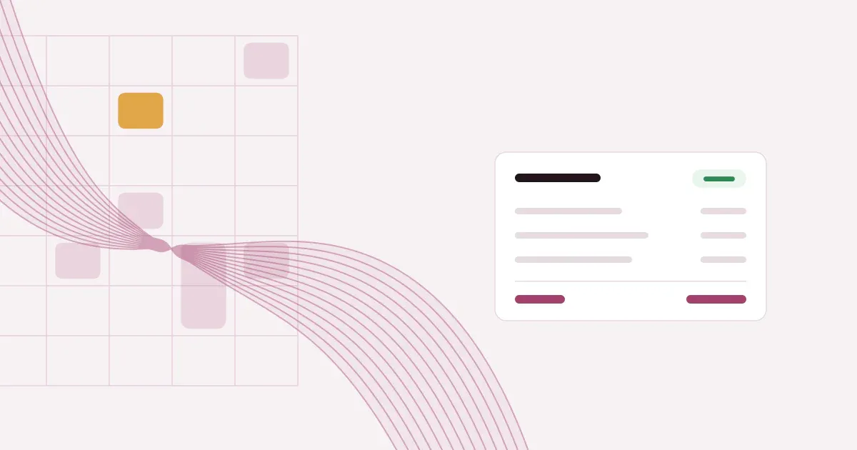 Abstract ribbon of fine lines crossing a faint weekly schedule grid in rose on a pale blush background with one saffron block, beside a flat invoice card marked paid.