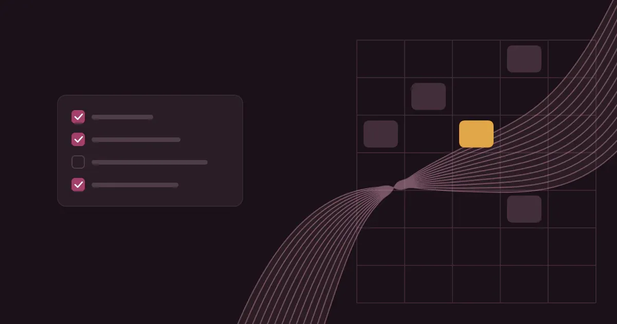 Abstract ribbon of fine lines crossing a faint weekly schedule grid in soft rose on a deep plum background with one saffron block, beside a short checklist with ticked boxes.