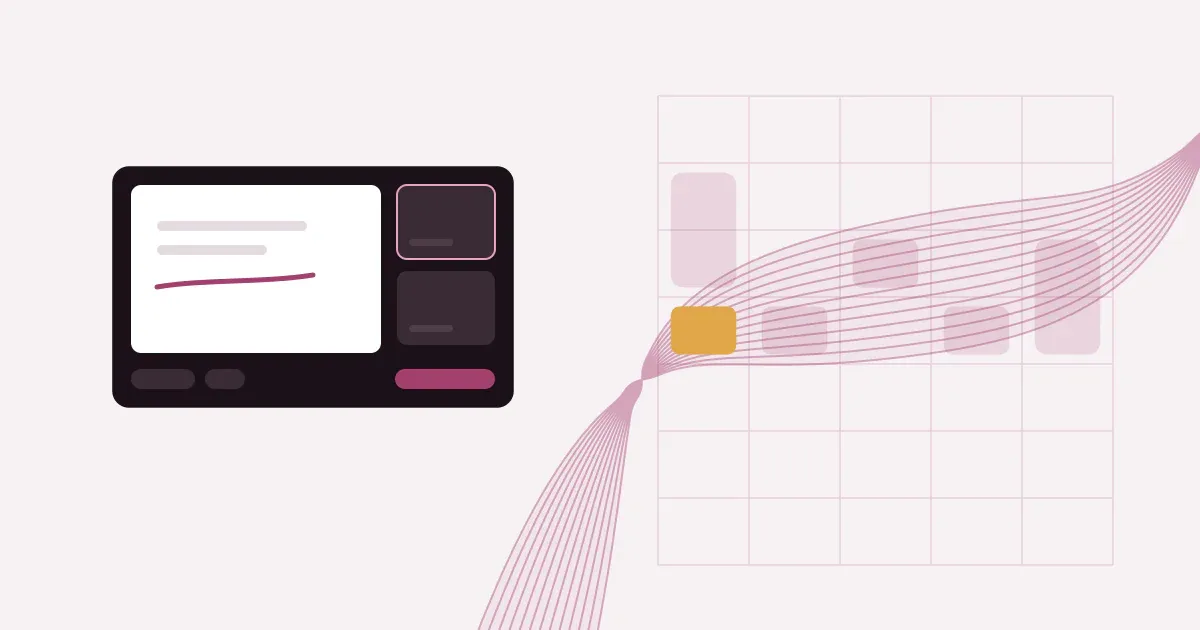 Abstract ribbon of fine lines crossing a faint weekly schedule grid in rose on a pale blush background with one saffron block, beside a dark classroom stage with a whiteboard and two video tiles.