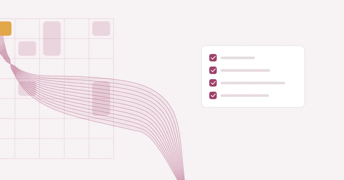Abstract ribbon of fine lines crossing a faint weekly schedule grid in rose on a pale blush background with one saffron block, beside a short checklist with ticked boxes.