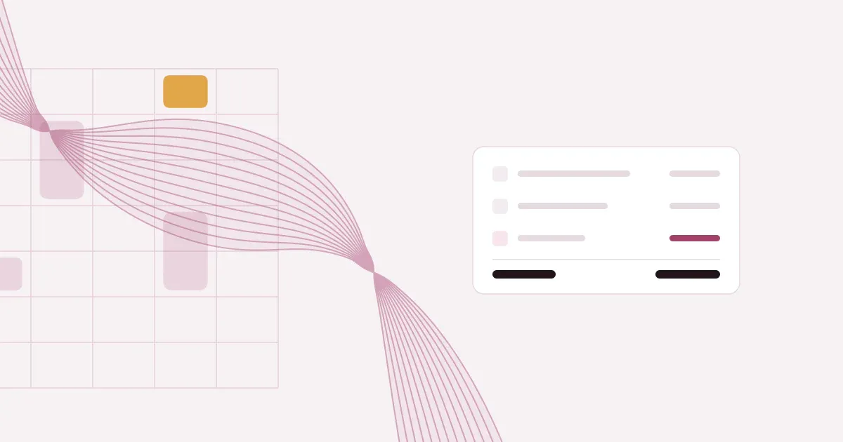 Abstract ribbon of fine lines crossing a faint weekly schedule grid in rose on a pale blush background with one saffron block, beside a flat teacher pay card with one deduction line.