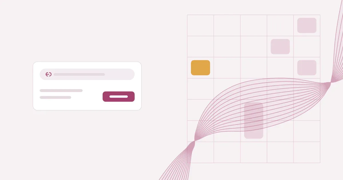 Abstract ribbon of fine lines crossing a faint weekly schedule grid in rose on a pale blush background with one saffron block, beside a private link card with a button.