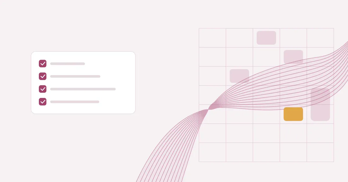 Abstract ribbon of fine lines crossing a faint weekly schedule grid in rose on a pale blush background with one saffron block, beside a short checklist with ticked boxes.