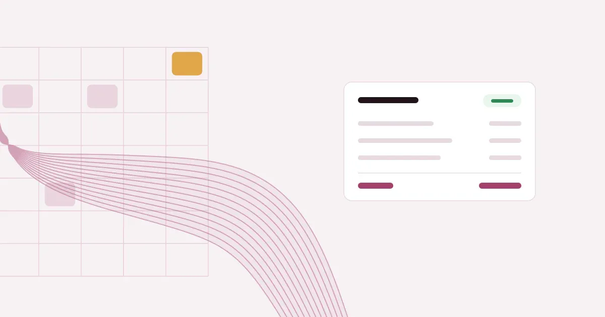 Abstract ribbon of fine lines crossing a faint weekly schedule grid in rose on a pale blush background with one saffron block, beside a flat invoice card marked paid.