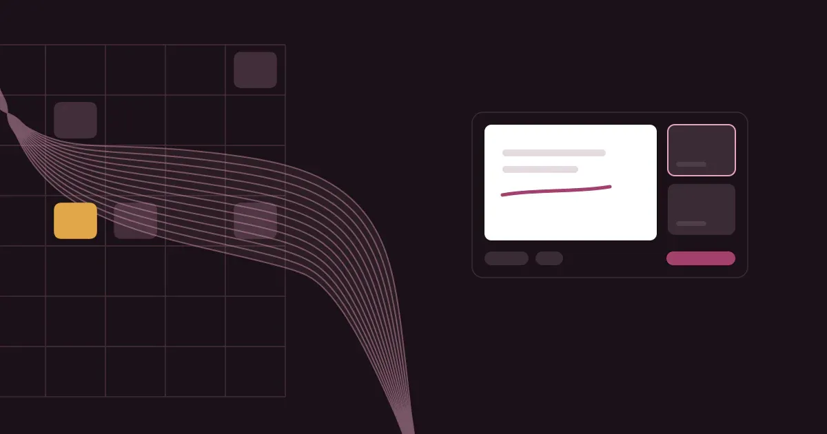 Abstract ribbon of fine lines crossing a faint weekly schedule grid in soft rose on a deep plum background with one saffron block, beside a dark classroom stage with a whiteboard and two video tiles.