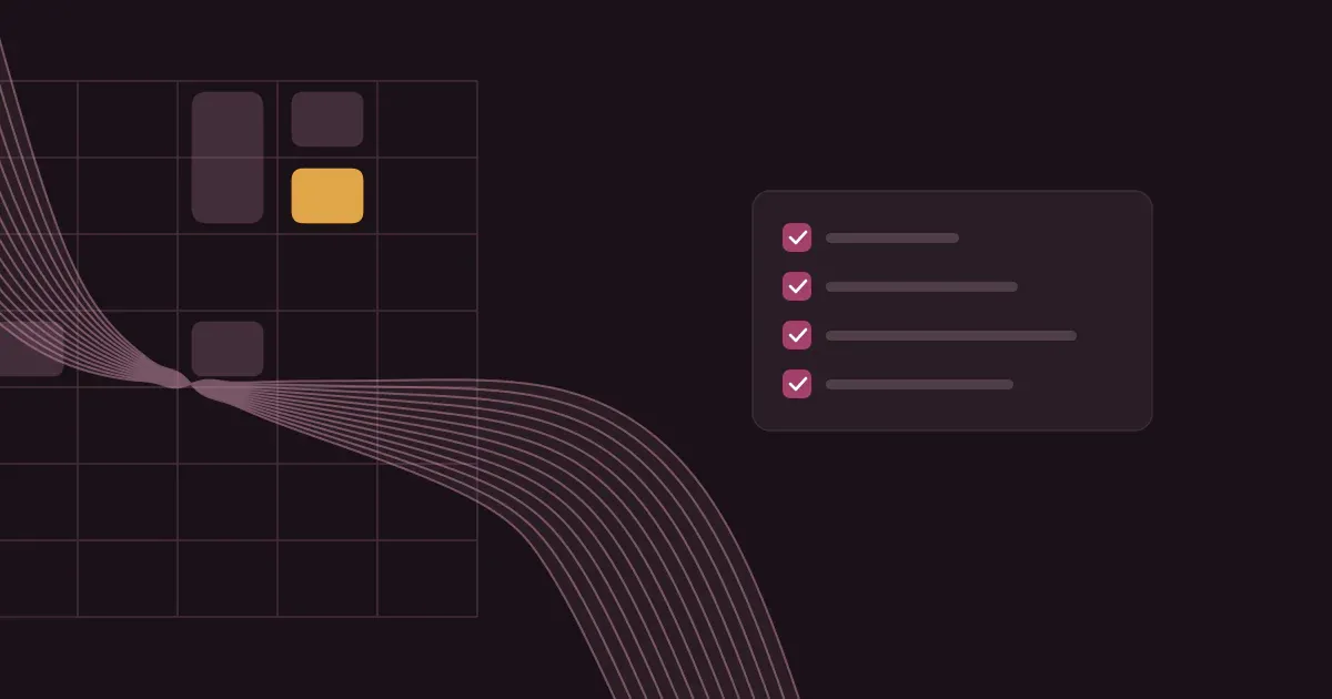 Abstract ribbon of fine lines crossing a faint weekly schedule grid in soft rose on a deep plum background with one saffron block, beside a short checklist with ticked boxes.