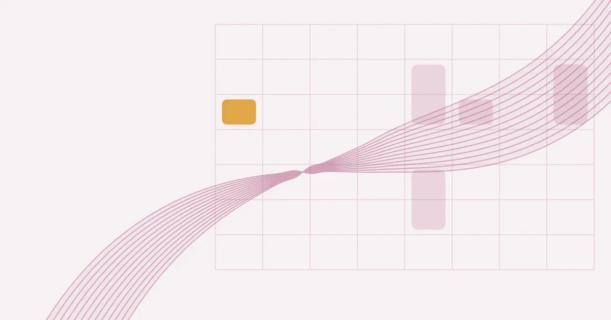 Abstract ribbon of fine lines crossing a faint weekly schedule grid in rose on a pale blush background with one saffron block.