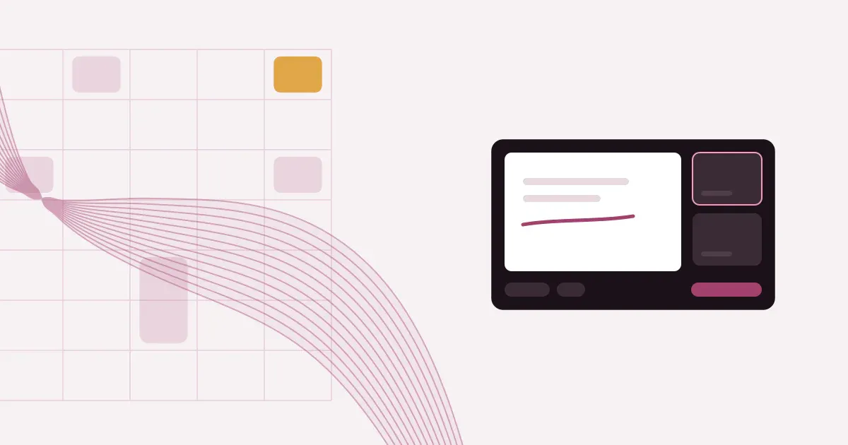 Abstract ribbon of fine lines crossing a faint weekly schedule grid in rose on a pale blush background with one saffron block, beside a dark classroom stage with a whiteboard and two video tiles.