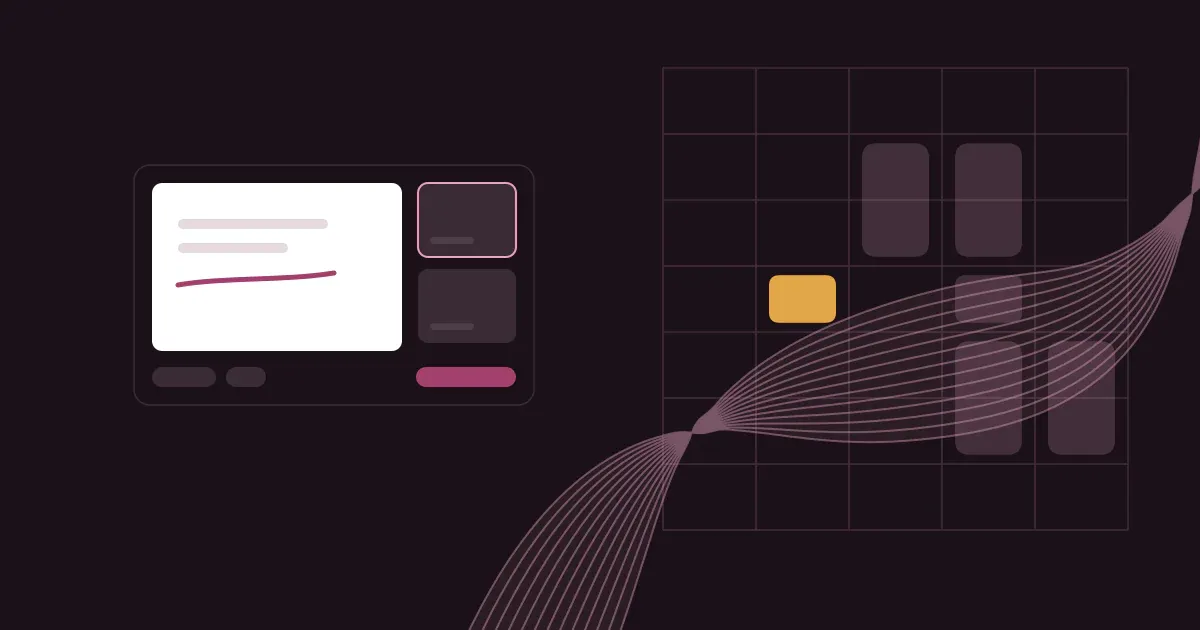 Abstract ribbon of fine lines crossing a faint weekly schedule grid in soft rose on a deep plum background with one saffron block, beside a dark classroom stage with a whiteboard and two video tiles.