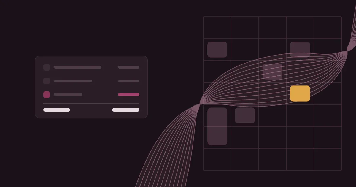 Abstract ribbon of fine lines crossing a faint weekly schedule grid in soft rose on a deep plum background with one saffron block, beside a flat teacher pay card with one deduction line.