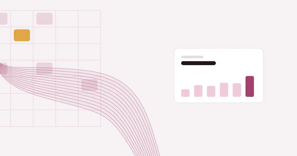 Abstract ribbon of fine lines crossing a faint weekly schedule grid in rose on a pale blush background with one saffron block, beside a small rising bar chart.