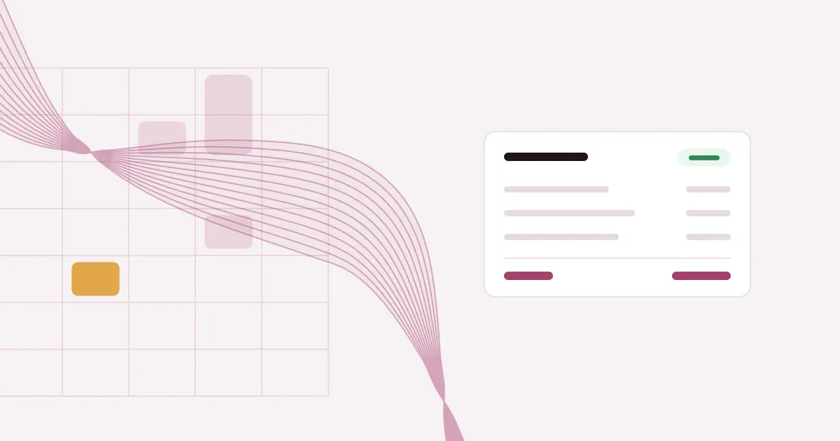Abstract ribbon of fine lines crossing a faint weekly schedule grid in rose on a pale blush background with one saffron block, beside a flat invoice card marked paid.